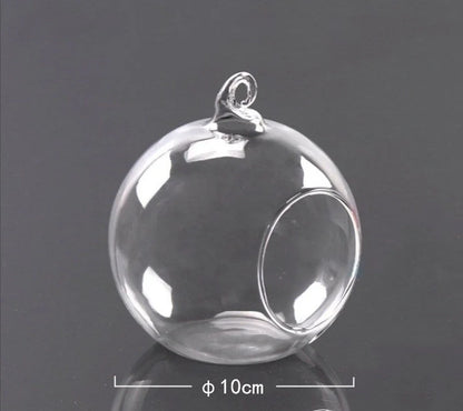 Transparent hand-blown glass vase container with flat bottom and hanging capability in four sizes