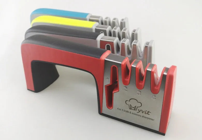 Black and cyan four-in-one kitchen knife sharpener with multiple sharpening rods on display