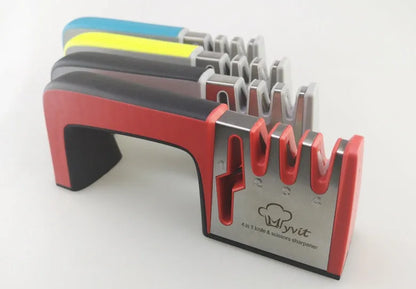 Black and cyan four-in-one kitchen knife sharpener with multiple sharpening rods on display