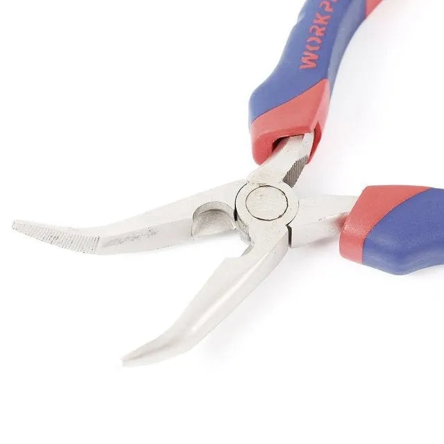 Blue curved nose pliers with dual-colour sleeve handles for precision work.