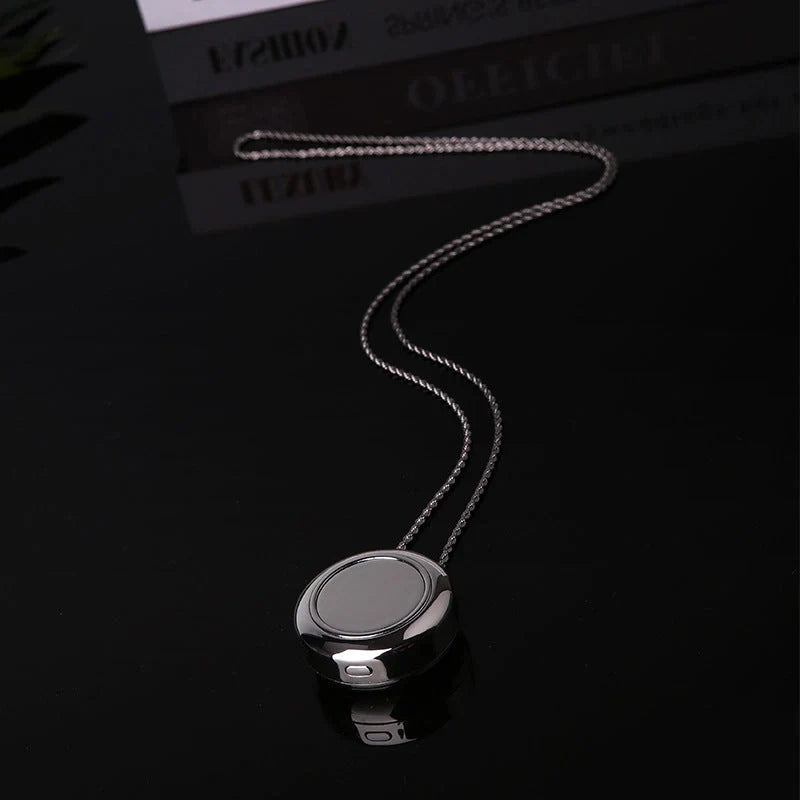 Portable negative ion air purifier necklace in blue, white, and silver