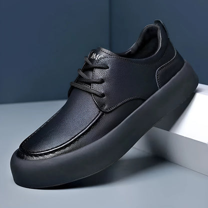 Men's brown casual lace-up platform shoes with round toe and flat heel on a white background