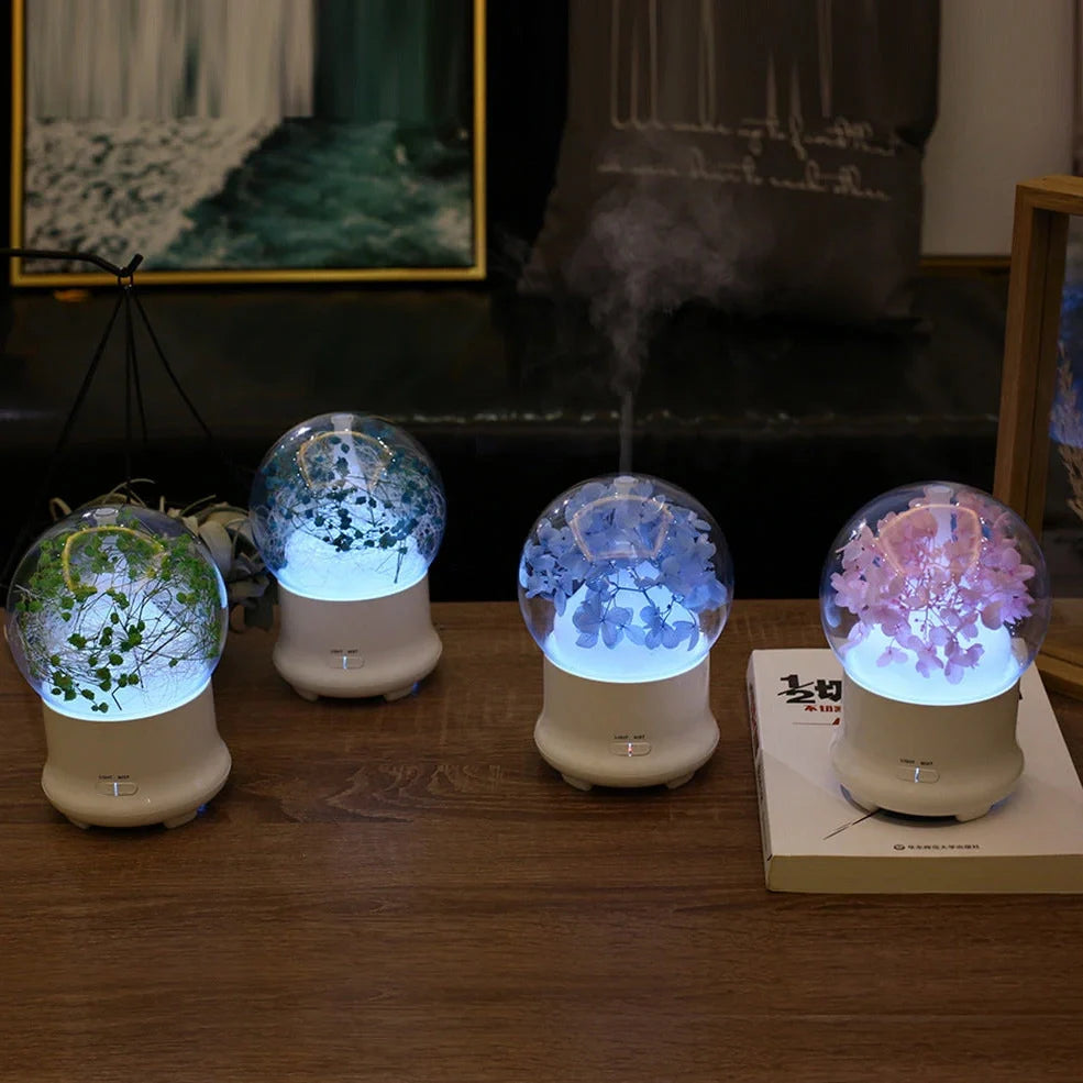 Blue hydrangea aromatherapy diffuser measuring 12x12x16.8cm with water reservoir and control buttons