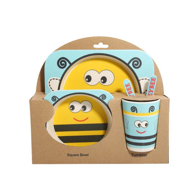 5-piece eco-friendly bamboo fiber children's tableware set with animal designs, including plate, bowl, cup, fork, and spoon