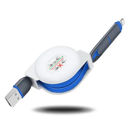 Black telescopic 3-in-1 charging cable extended to full 120cm length, showing three connector tips.