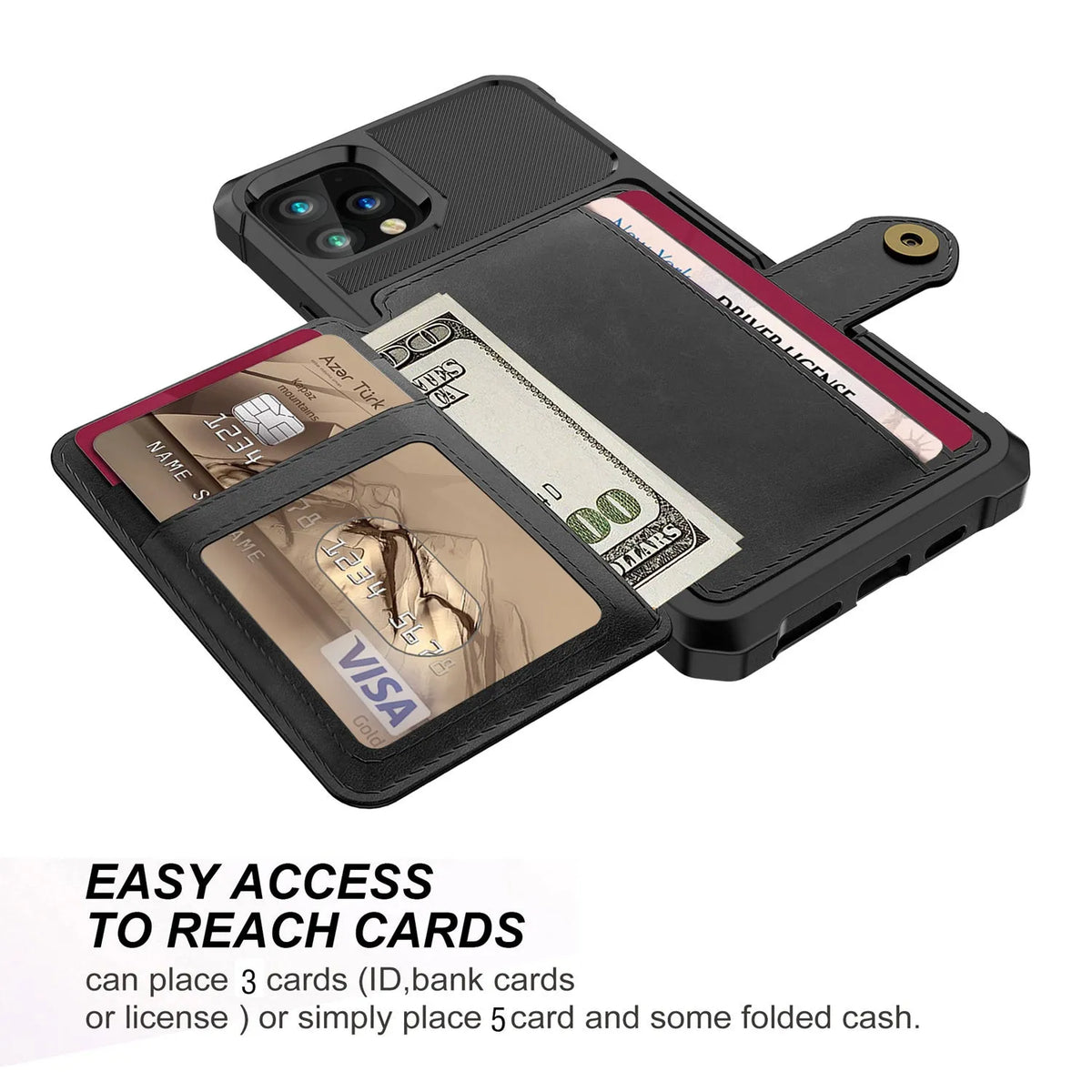 Imitation leather card wallet iPhone case back cover in black, blue, green, pink, or red.