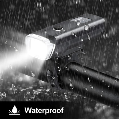 Black bicycle front light set with XPG 350 lumens bulb, 1200mAh battery, and light sensor mode, packing size 6.5*8.5*11.5CM