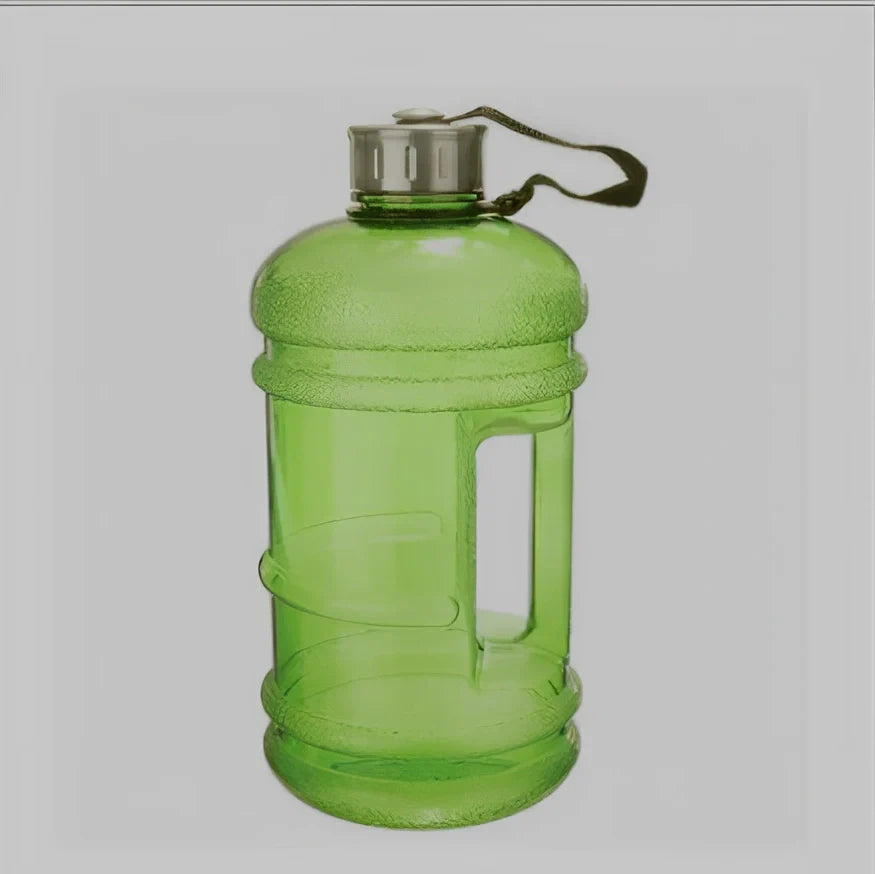 2-litre sports bottle in navy blue with white lid and ribbon connection, showing 13cm diameter and 27cm height dimensions