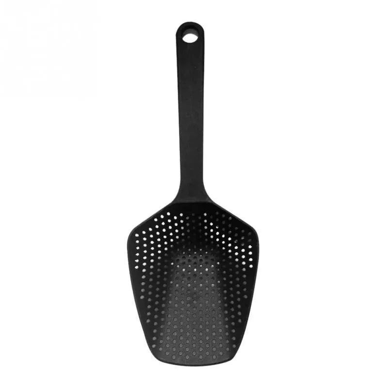 Large black nylon strainer scoop colander for kitchen use draining food.