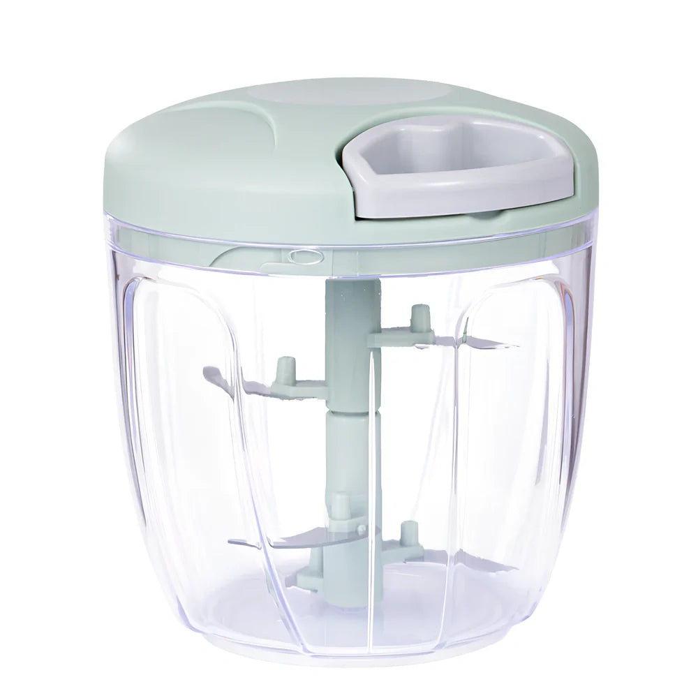 Manual garlic masher in blue, green, and pink colours showing small and large size options