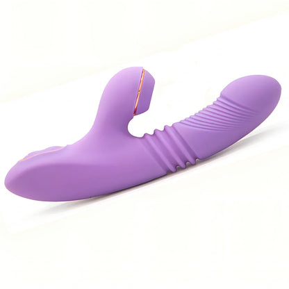 Purple automatic telescopic sucking vibrator measuring 211mm long with 38mm diameter, showing controls for 7 vibration and suction levels