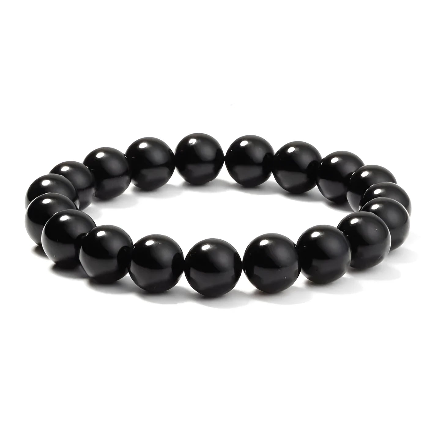 Geometric black agate bracelet for women with 8mm beads on a black elastic cord.