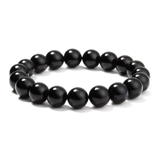 Geometric black agate bracelet for women with 8mm beads on a black elastic cord.