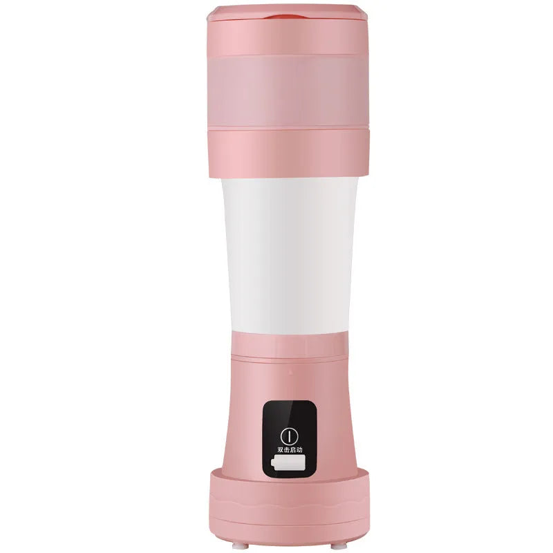 Blue portable mini blender with USB charging cable and measuring 450ml capacity