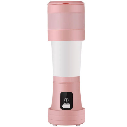 Blue portable mini blender with USB charging cable and measuring 450ml capacity
