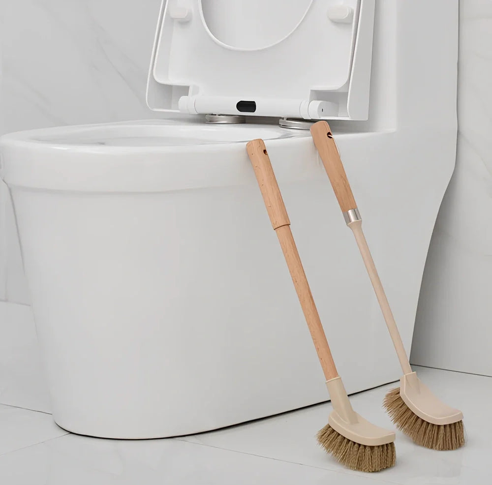 Wooden toilet brush with 360 degree bristles and natural beech handle for bathroom cleaning