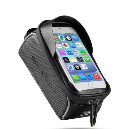 Waterproof front beam bicycle bag with touch screen compatibility for mountain bikes