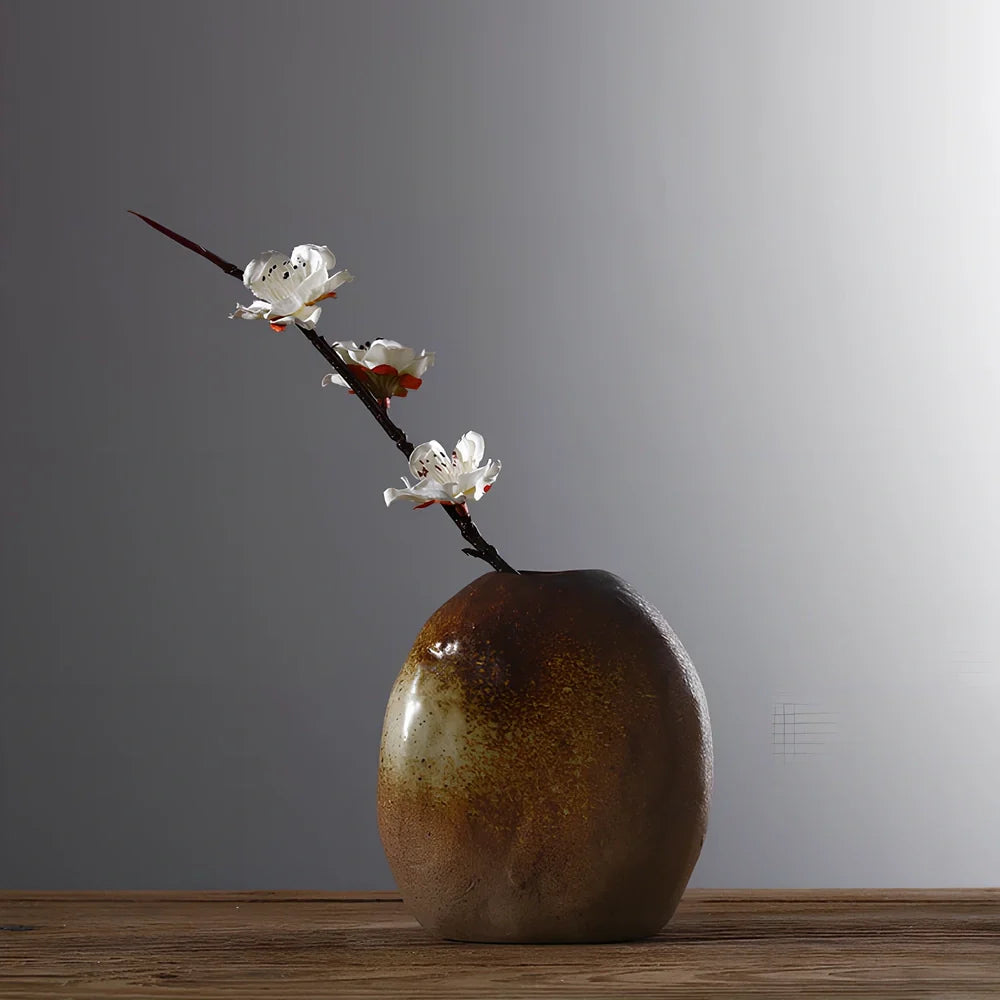 Small 15cm glazed ceramic vase in Japanese style, pottery with smooth finish for ornaments, 8cm diameter base