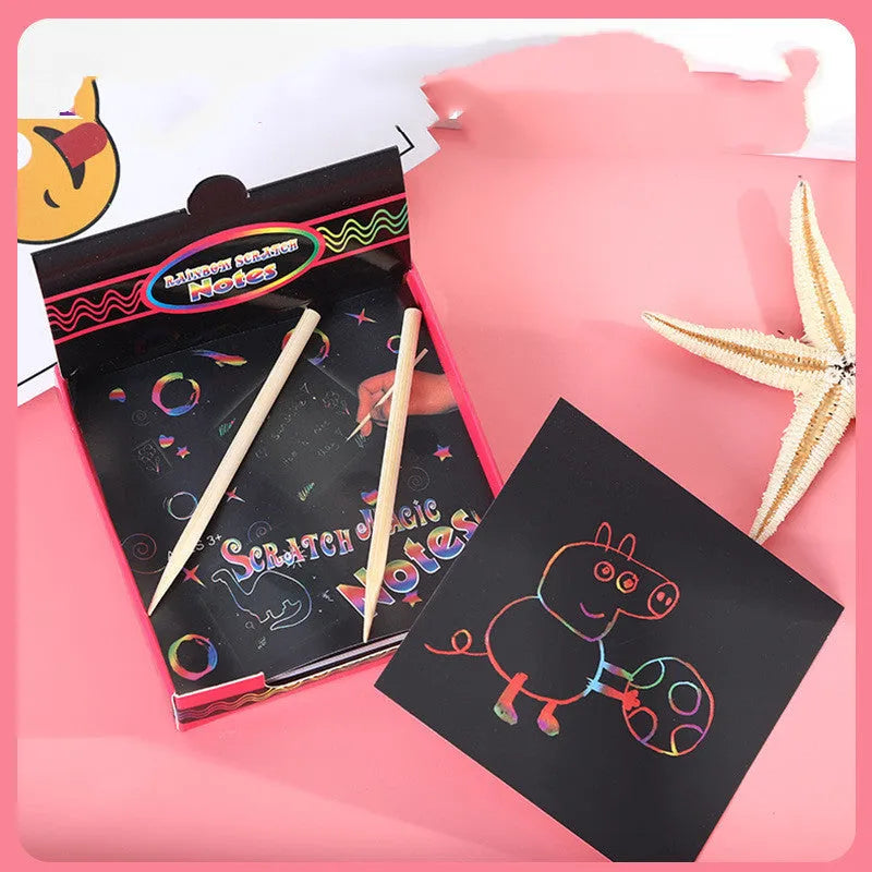 Colourful trumpet scratch painting set box containing 100 paper sheets for children's art activities