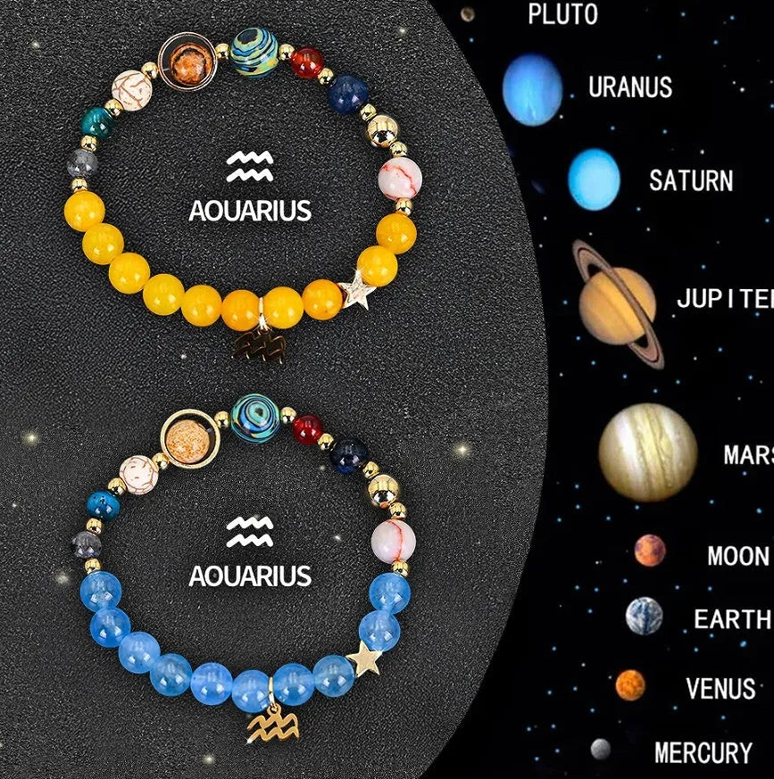 Twelve Zodiac Sign beaded bracelet set with natural stone beads on adjustable cord, showing two bracelets for mix-and-match styling.