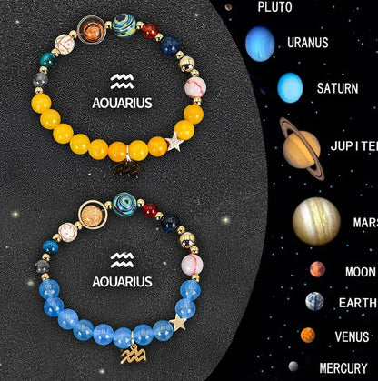 Twelve Zodiac Sign beaded bracelet set with natural stone beads on adjustable cord, showing two bracelets for mix-and-match styling.