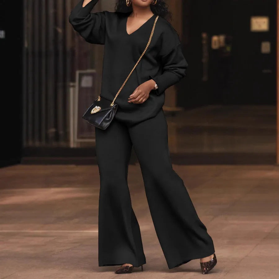 Women's brown suede two-piece suit with split sleeves and trousers, sizes S to 3XL