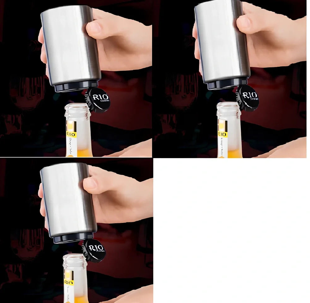 Stainless steel automatic press bottle opener with titanium-plated finish showing press mechanism and textured handle