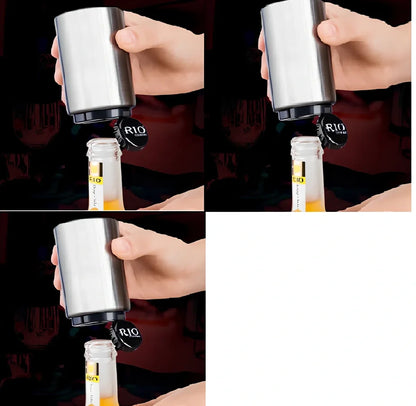 Stainless steel automatic press bottle opener with titanium-plated finish showing press mechanism and textured handle