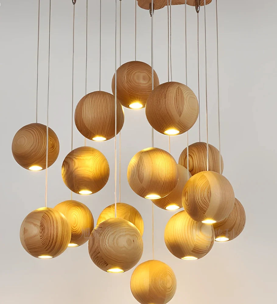 Nordic wood ball chandelier with adjustable height mechanism and solid wood construction