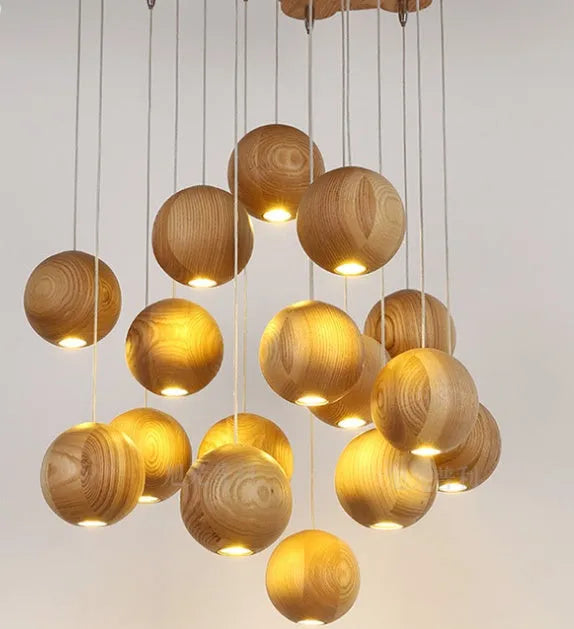 Nordic wood ball chandelier with adjustable height showing wood construction and spherical design