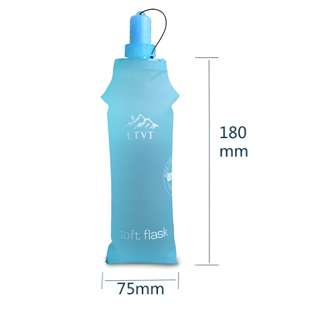 Sky blue folding TPU sports water bottle, 500ml capacity, leak-proof cap, collapsed view for portability