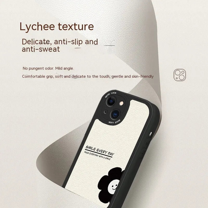 Anti-drop silicone phone case with black flower design, all-inclusive shockproof cover for iPhone models in white or black