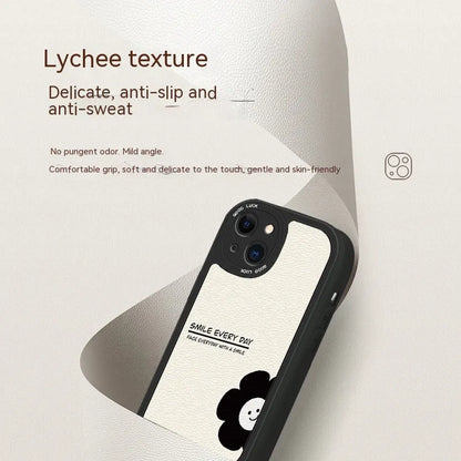 Anti-drop silicone phone case with black flower design, all-inclusive shockproof cover for iPhone models in white or black