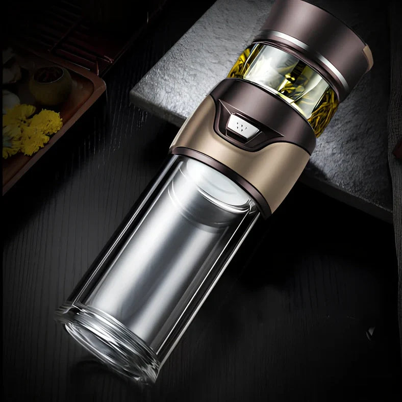 Stainless steel tea separation cup with one-button mechanism showing straight cup design and multiple colour options