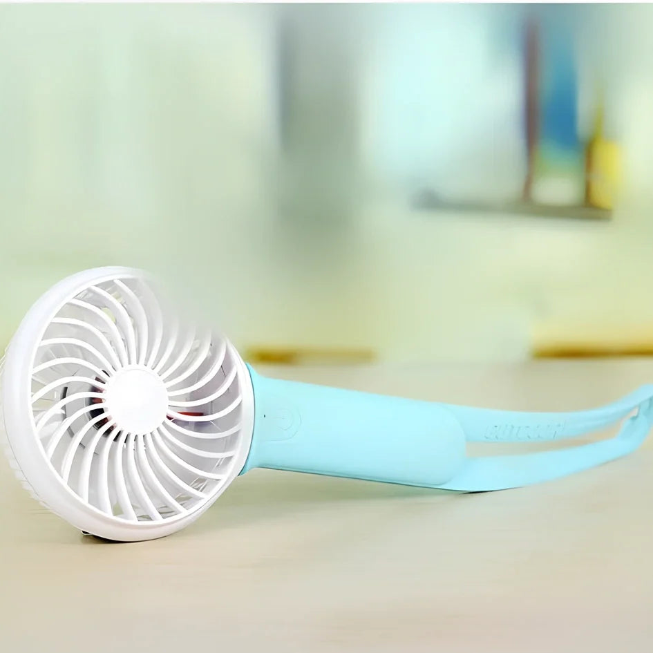 Mini USB hand fan with 200mm blades and LED light in blue, green, grey, or pink colours