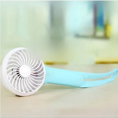 Blue portable USB rechargeable hand fan with 200mm blades and LED light function