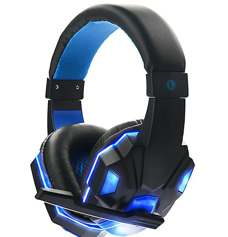 3.5mm gaming headset with LED lighting in blue colour, head-mounted design with adjustable headband