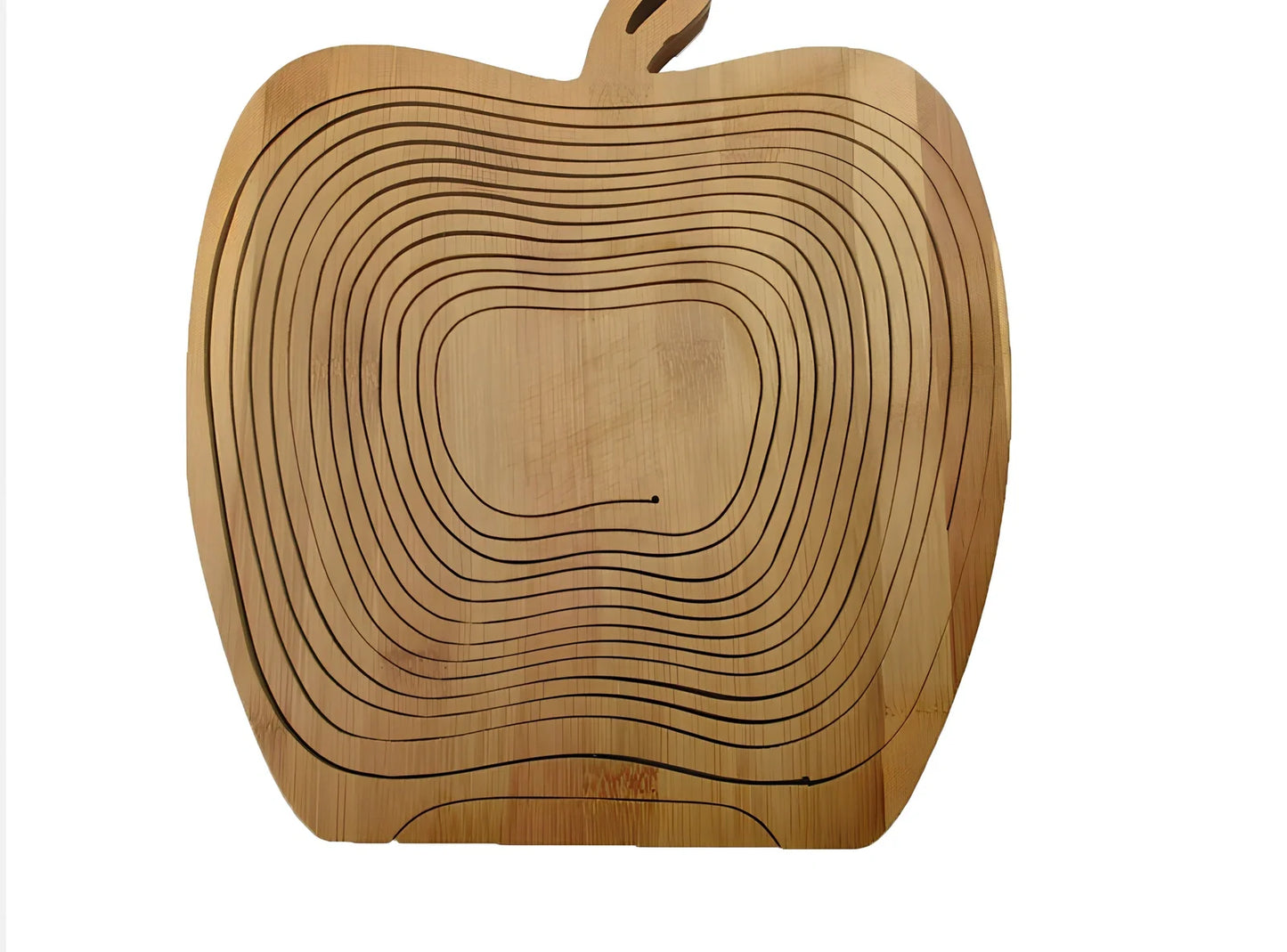 Folding natural bamboo fruit basket open at 27 cm wide, 30 cm high, collapsed to 1.8 cm for storage