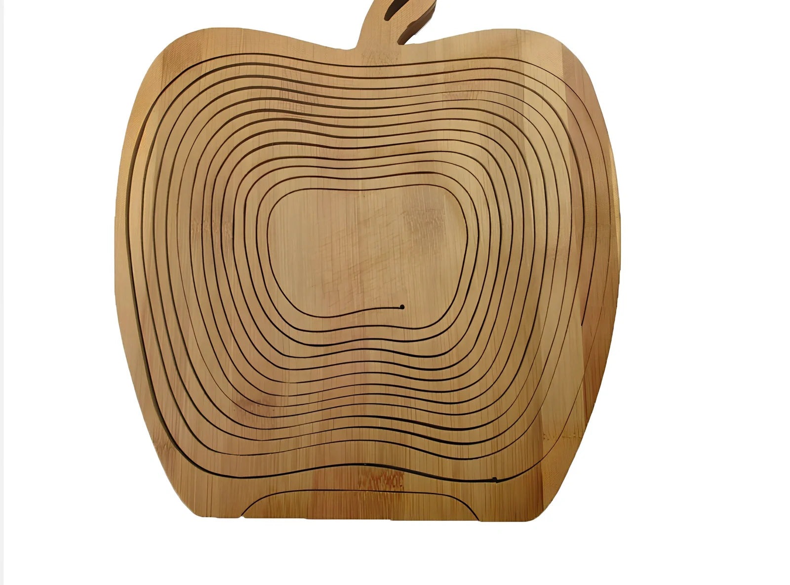 Folding natural bamboo fruit basket open at 27 cm wide, 30 cm high, collapsed to 1.8 cm for storage