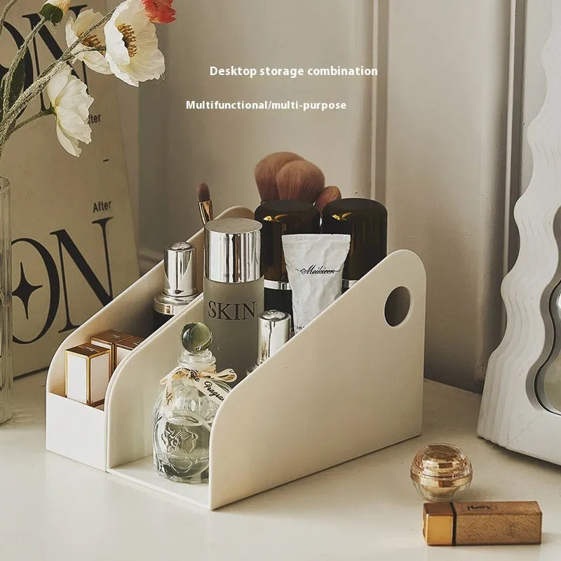 Two-tier plastic desktop storage box in milk coffee colour, dimensions 14.5x17x22cm