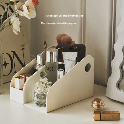 Two-tier plastic desktop storage box in milk coffee colour, dimensions 14.5x17x22cm