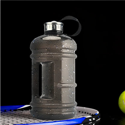 2-litre sports bottle in navy blue with white lid and ribbon connection, showing 13cm diameter and 27cm height dimensions