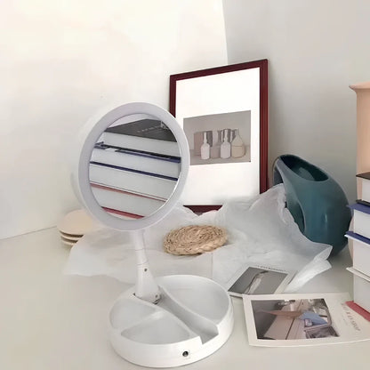 White acrylic double-sided LED vanity mirror showing magnification and normal sides with USB charging port