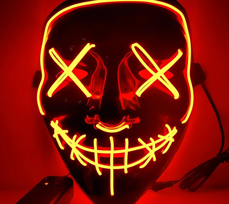 Black V Halloween Horror Glowing Mask with electroluminescent film providing 10,000-hour lifespan and milliwatt power consumption for extended costume use