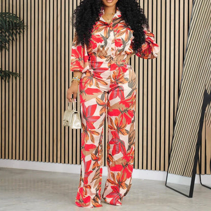 Red printed long sleeve shirt and wide leg trousers suit with polyester fabric on a hanger