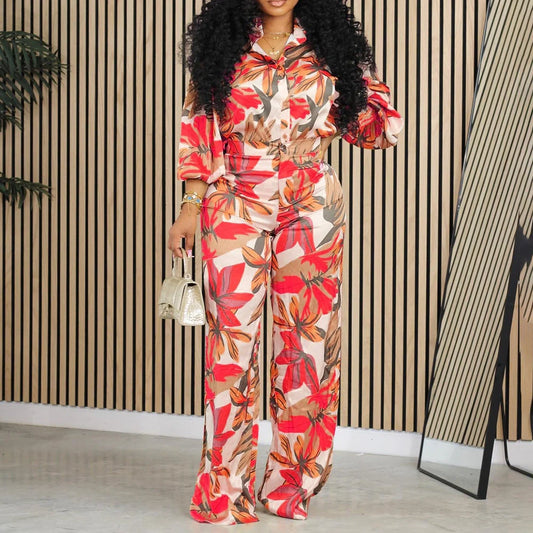 Red printed long sleeve shirt and wide leg trousers suit with polyester fabric on a hanger