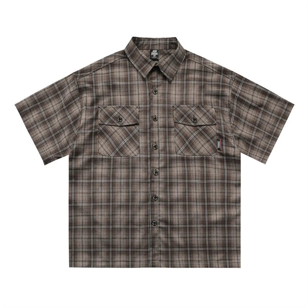 Men's black embroidered plaid short sleeve shirt with loose fit and lapel collar