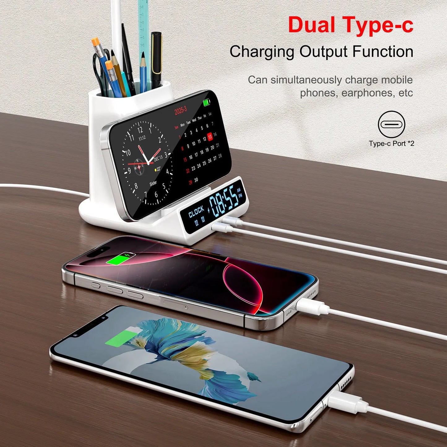 Black wireless charging desk lamp with pen holder, storage box, and USB port on modern desk