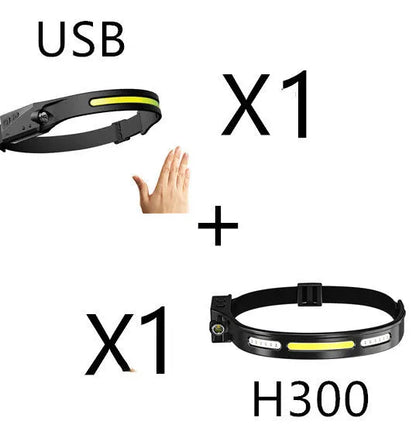 Black silicone USB rechargeable headlamp with a wide COB LED lens and a side wave sensor.