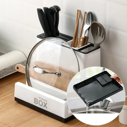 A white, multipurpose kitchen organizer with integrated shelves for storing and organizing tableware, utensils, and other kitchen essentials.